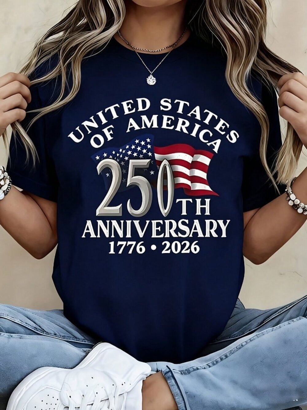 Navy Blue Casual Women's Independence Day T-Shirt